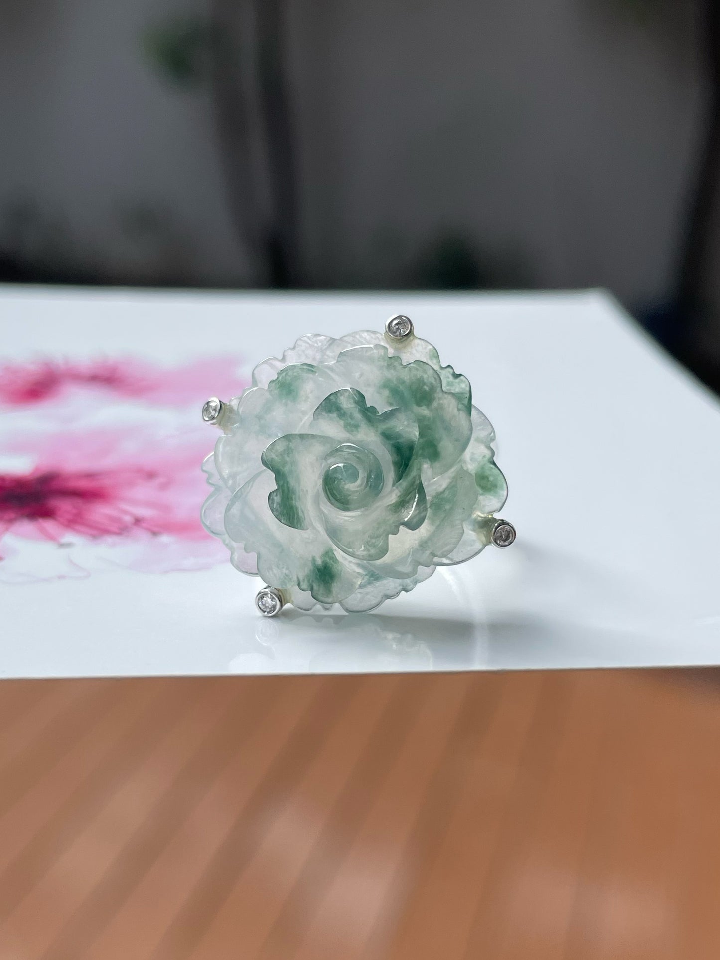 Icy Bluish Flower Jade Ring - Rose (NJR223)