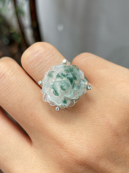 Icy Bluish Flower Jade Ring - Rose (NJR223)