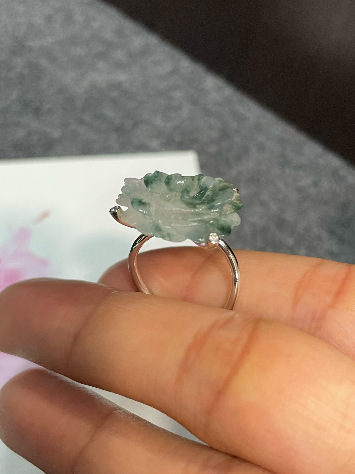 Icy Bluish Flower Jade Ring - Rose (NJR223)