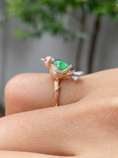 Icy Green Jadeite Cabochon Ring - Bird (NJR241)