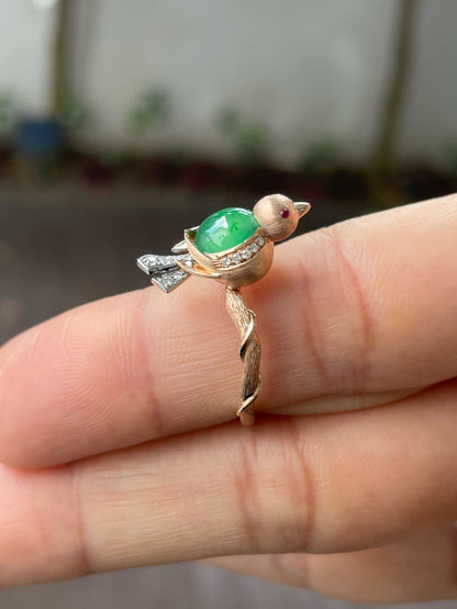 Icy Green Jadeite Cabochon Ring - Bird (NJR241)