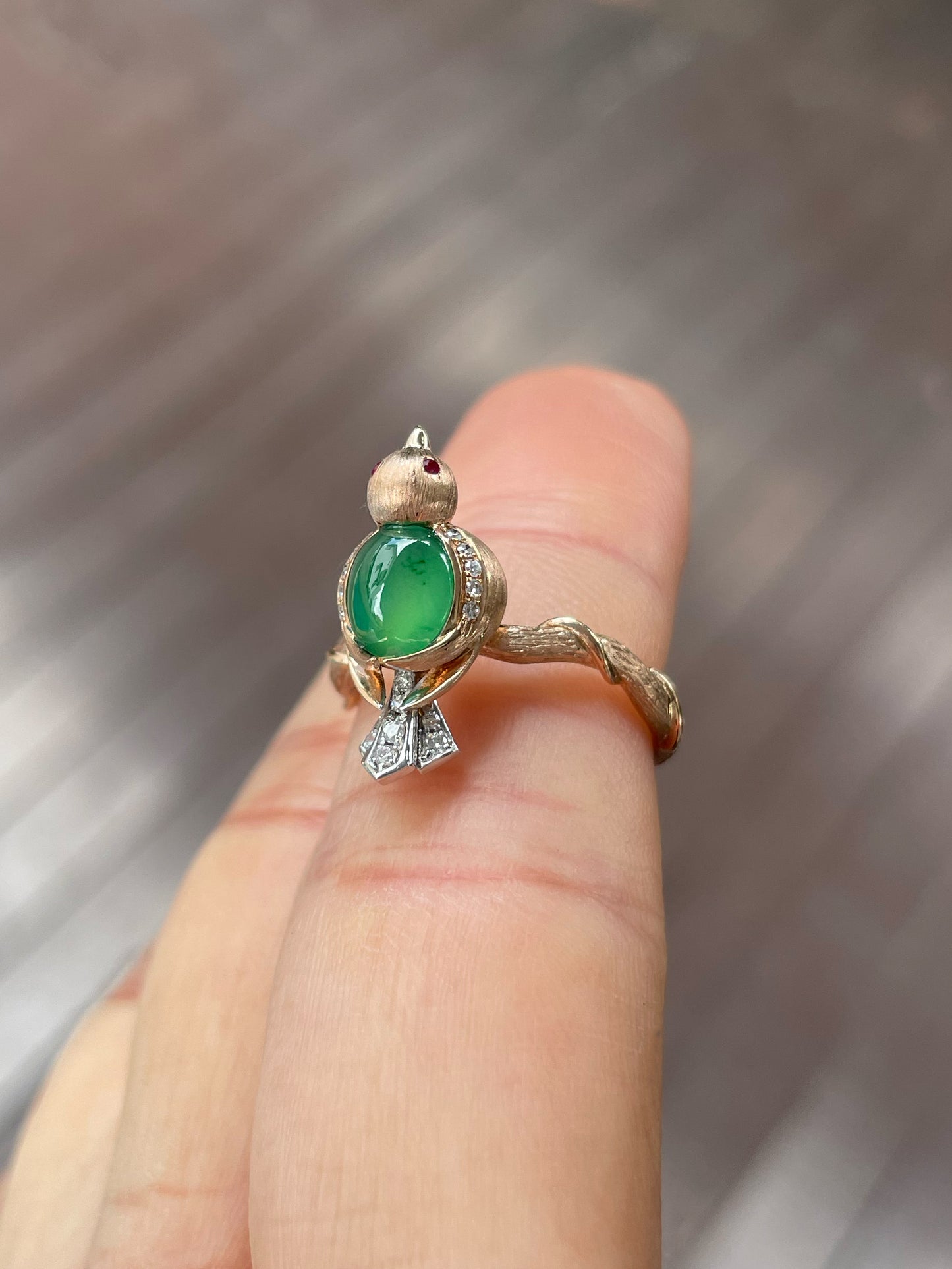 Icy Green Jadeite Cabochon Ring - Bird (NJR241)