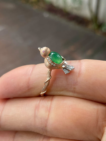 Icy Green Jadeite Cabochon Ring - Bird (NJR241)