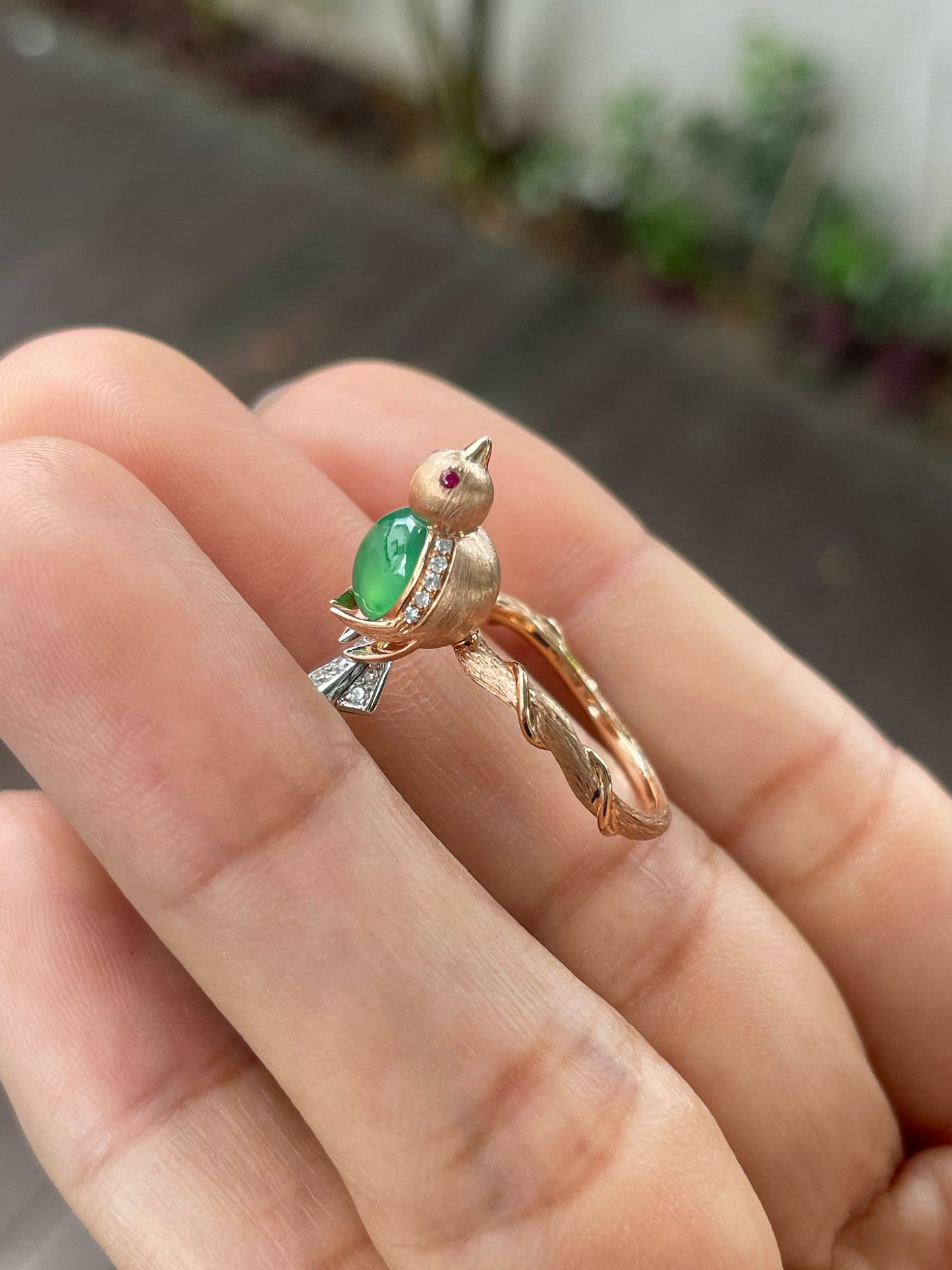 Icy Green Jadeite Cabochon Ring - Bird (NJR241)