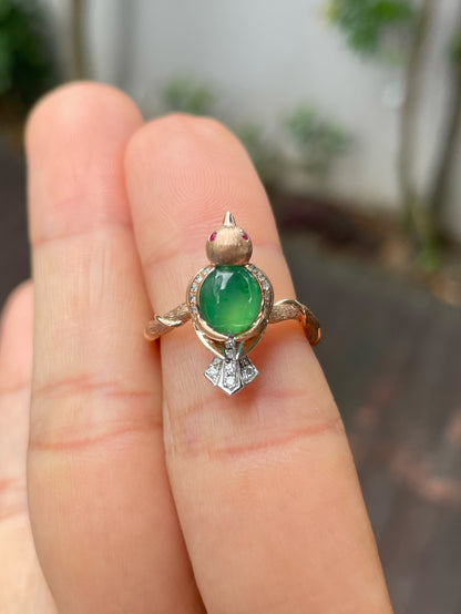 Icy Green Jadeite Cabochon Ring - Bird (NJR241)