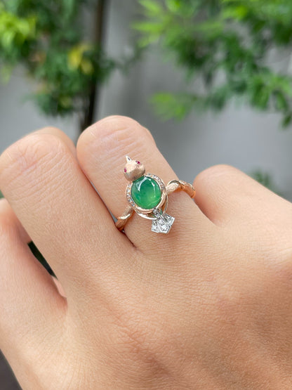 Icy Green Jadeite Cabochon Ring - Bird (NJR241)