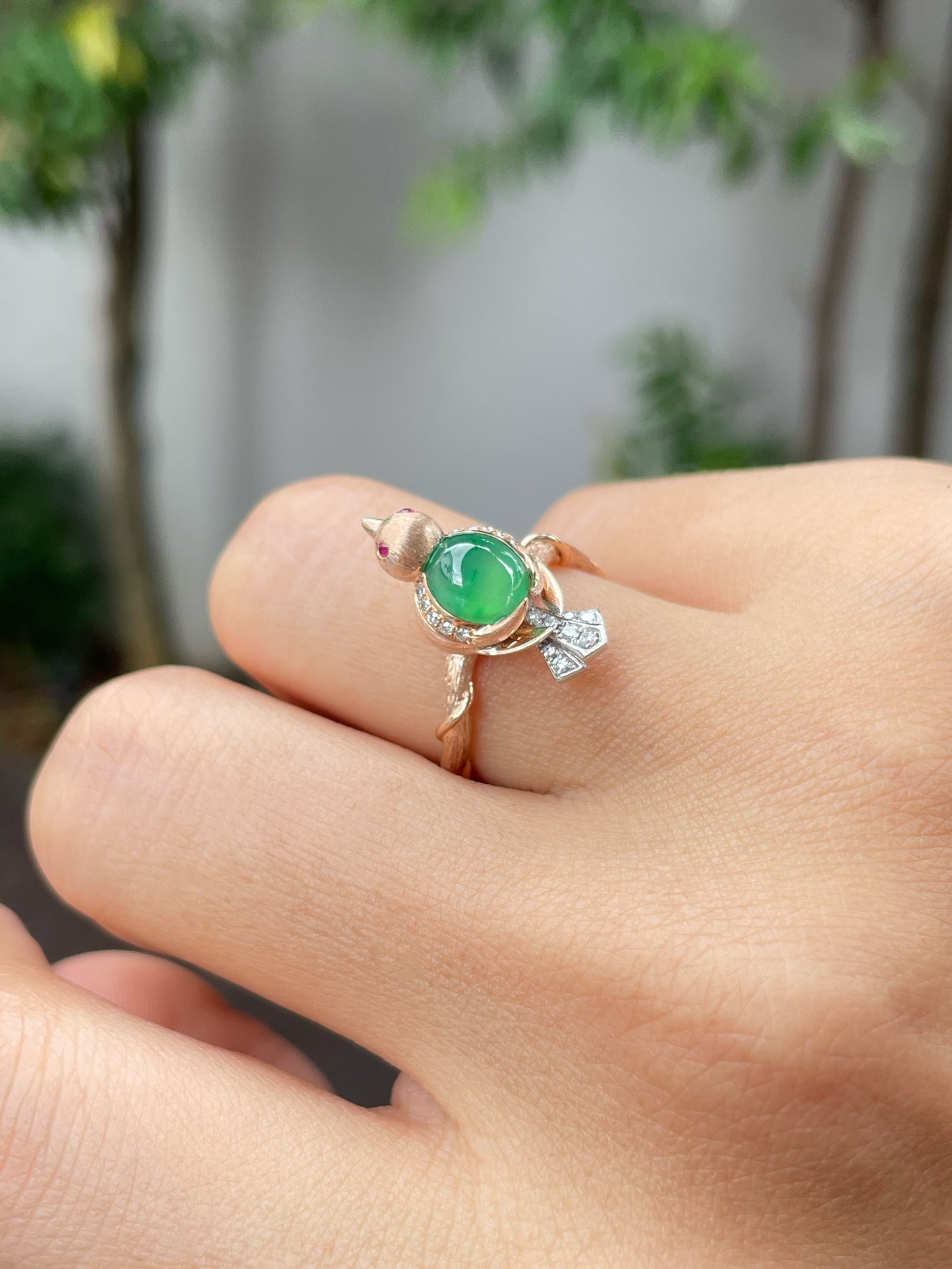 Icy Green Jadeite Cabochon Ring - Bird (NJR241)