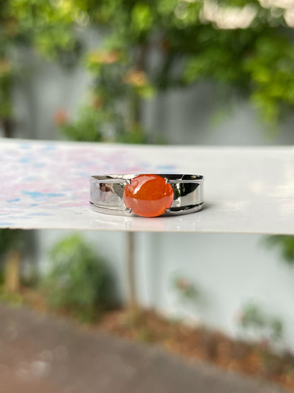 Orangy Red Jade Cabochon Ring (NJR245)