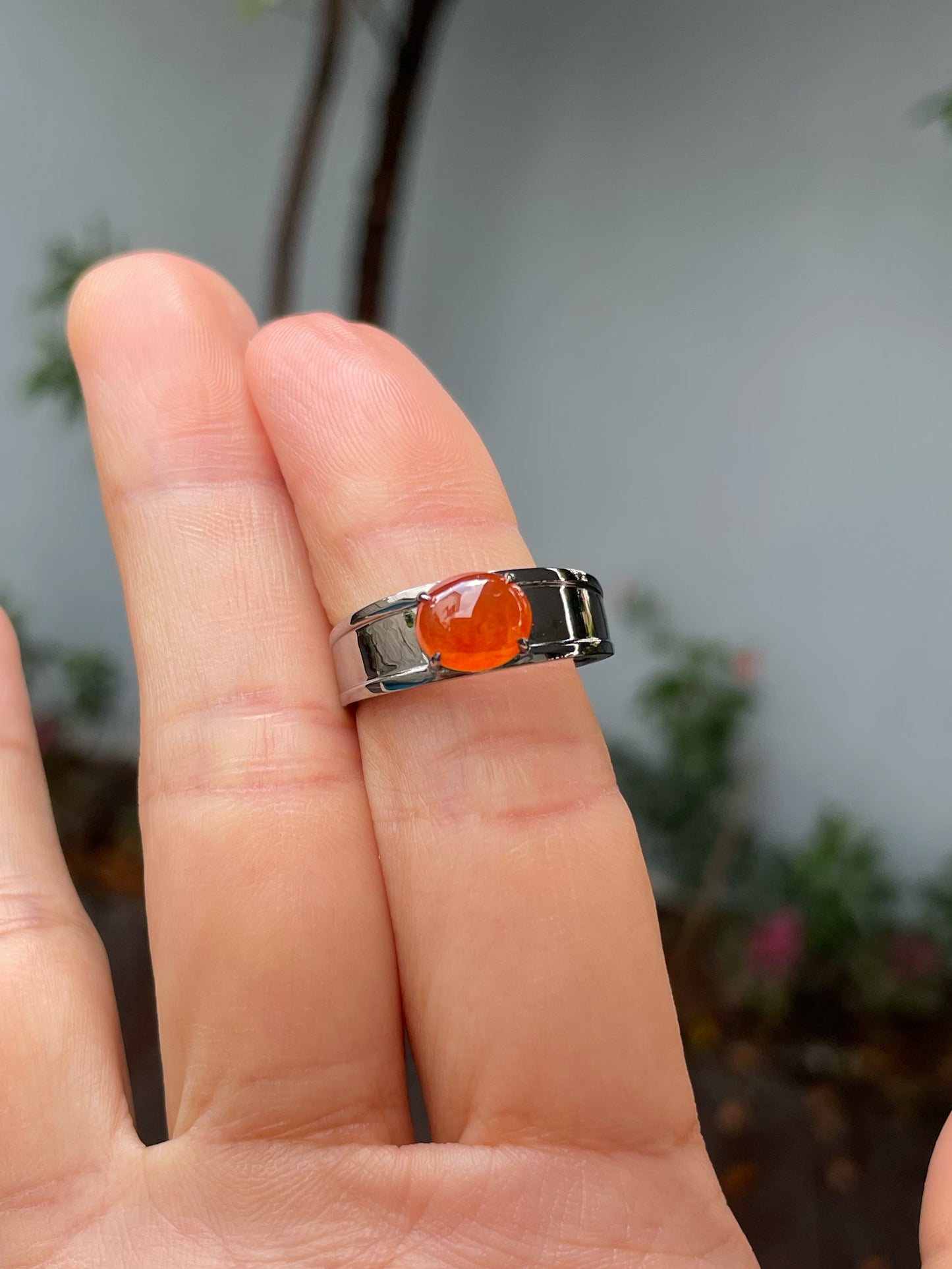 Orangy Red Jade Cabochon Ring (NJR245)