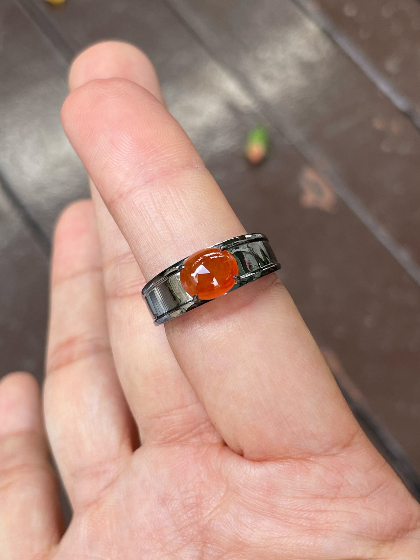 Orangy Red Jade Cabochon Ring (NJR245)