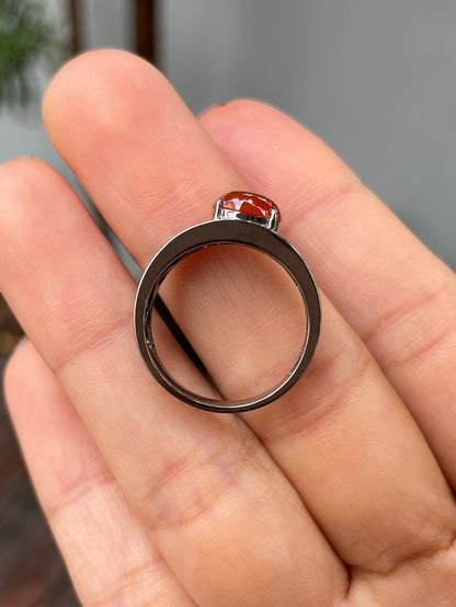 Orangy Red Jade Cabochon Ring (NJR245)