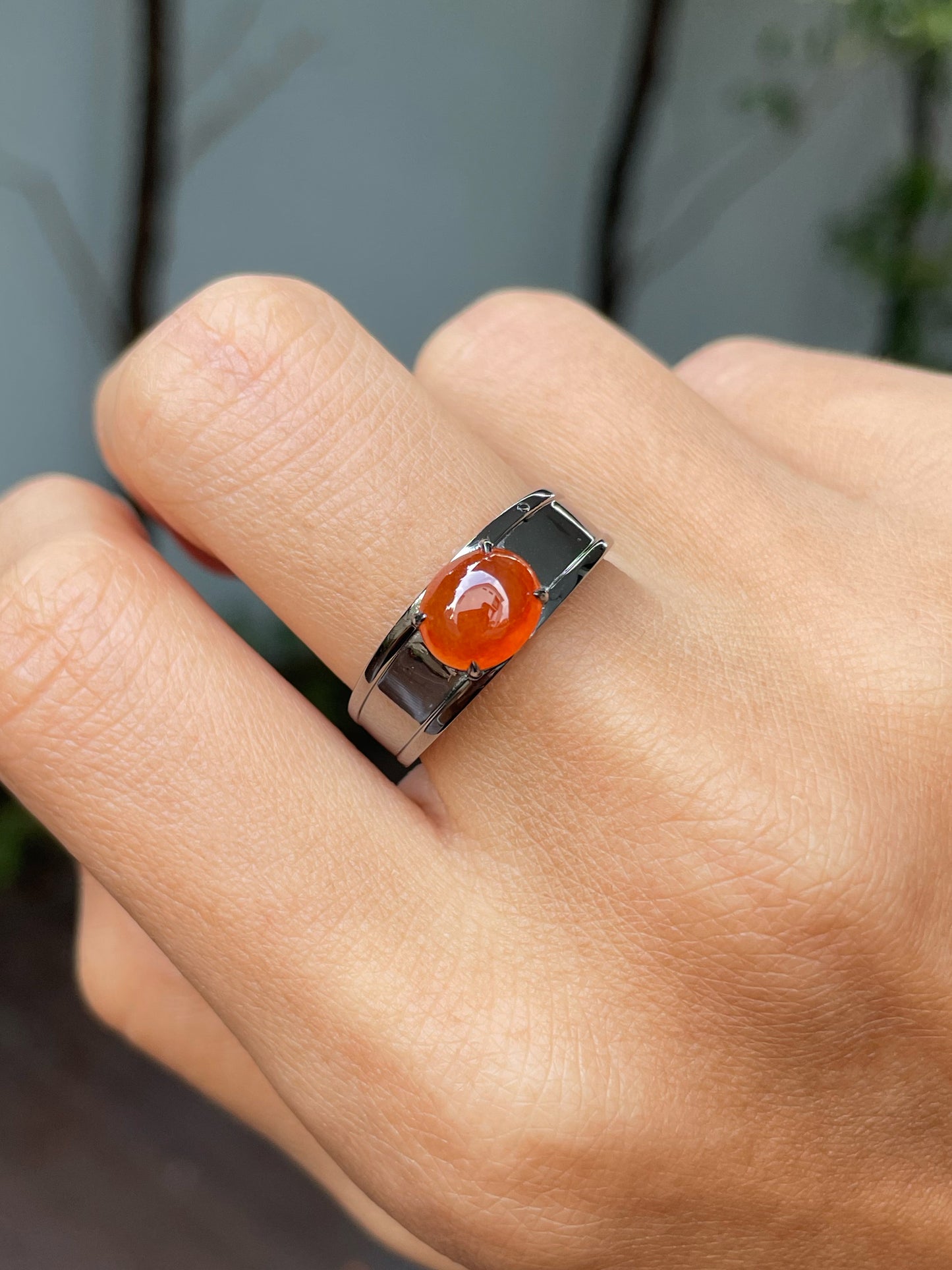 Orangy Red Jade Cabochon Ring (NJR245)