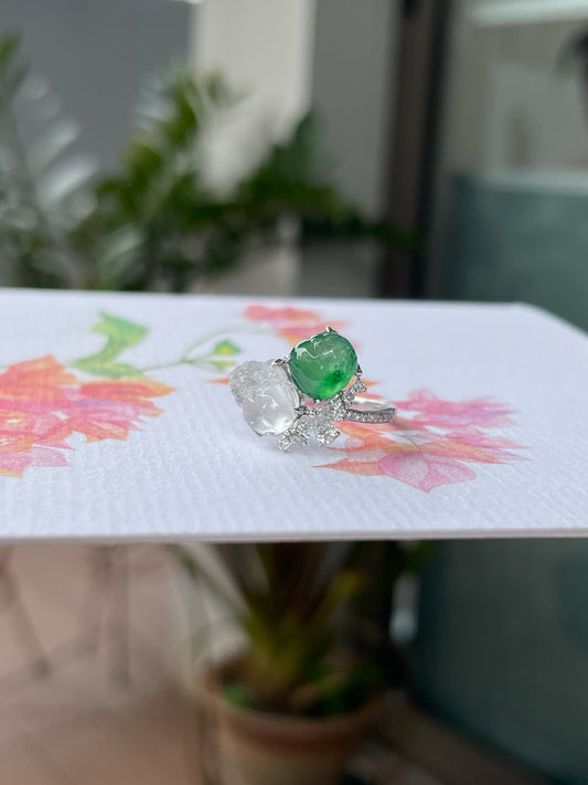 Green & Glassy Jade Ring - Pixiu & Golden Toad (NJR338)