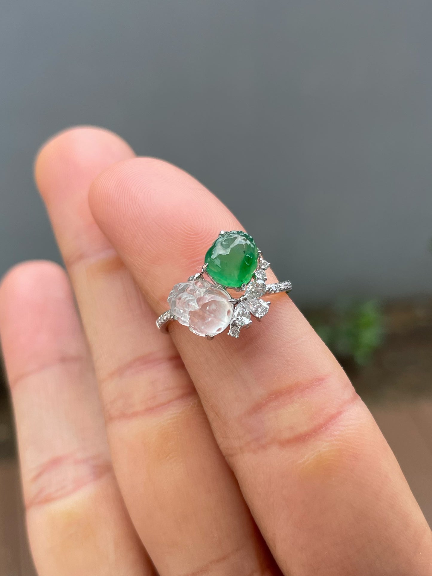 Green & Glassy Jade Ring - Pixiu & Golden Toad (NJR338)