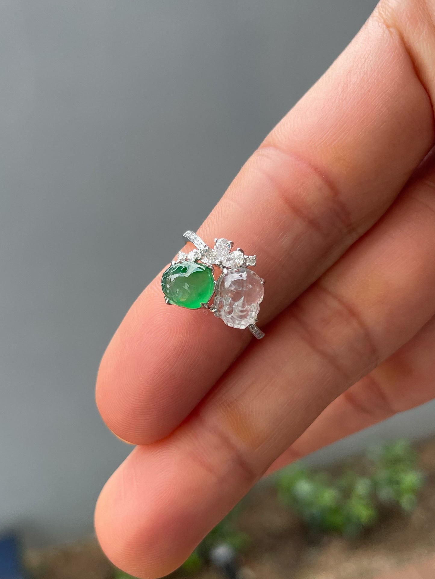 Green & Glassy Jade Ring - Pixiu & Golden Toad (NJR338)
