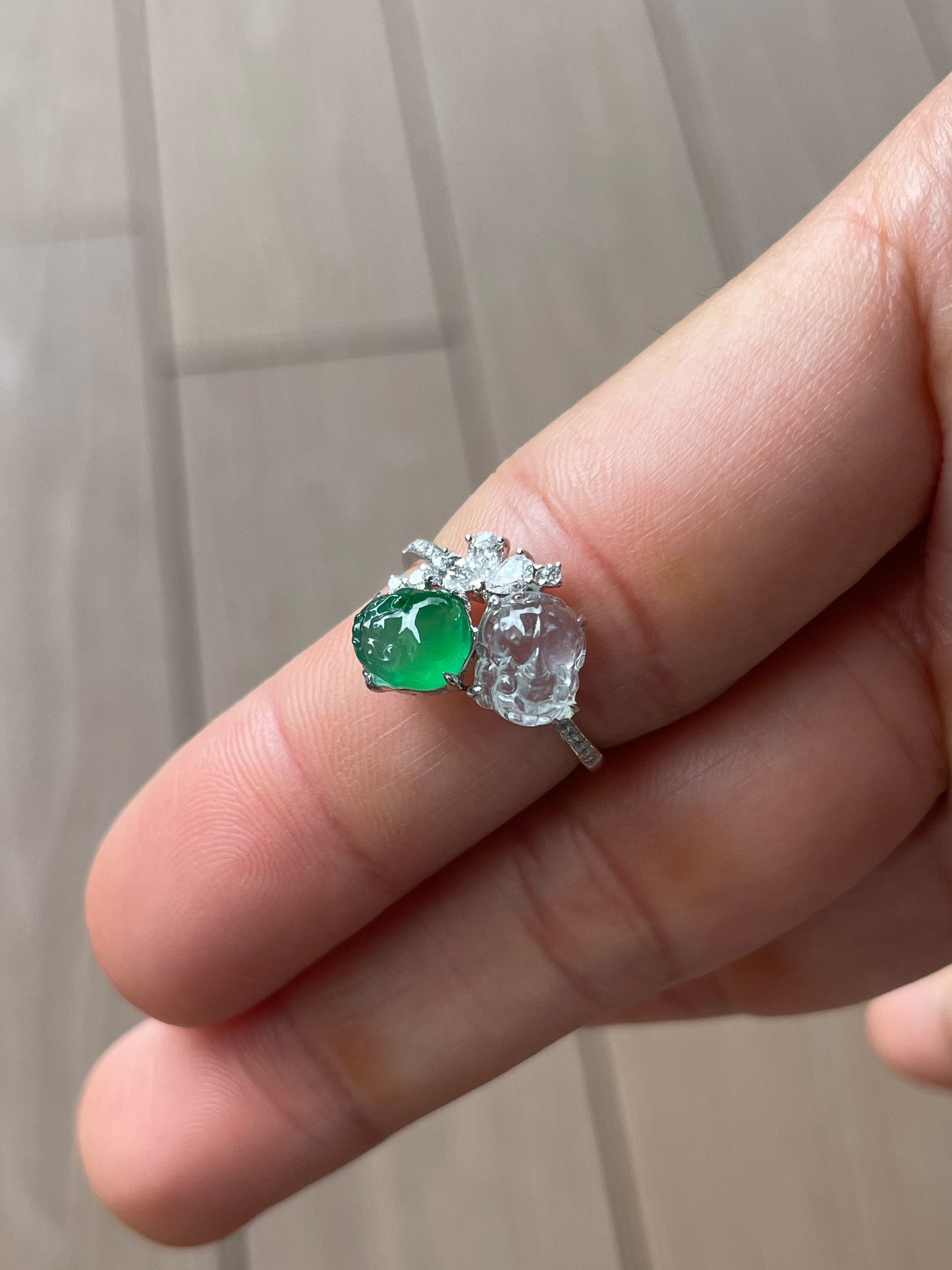 Green & Glassy Jade Ring - Pixiu & Golden Toad (NJR338)