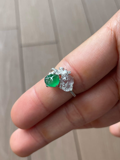 Green & Glassy Jade Ring - Pixiu & Golden Toad (NJR338)