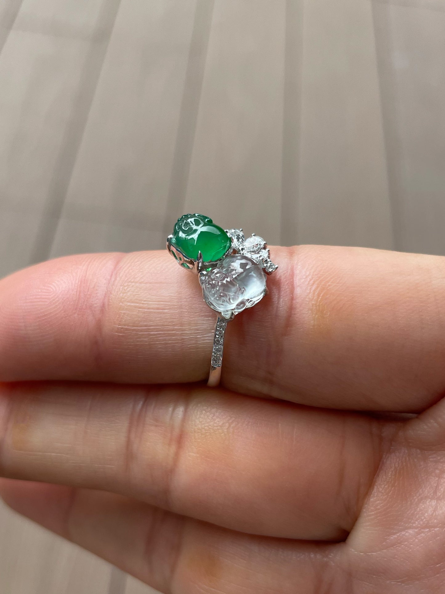 Green & Glassy Jade Ring - Pixiu & Golden Toad (NJR338)