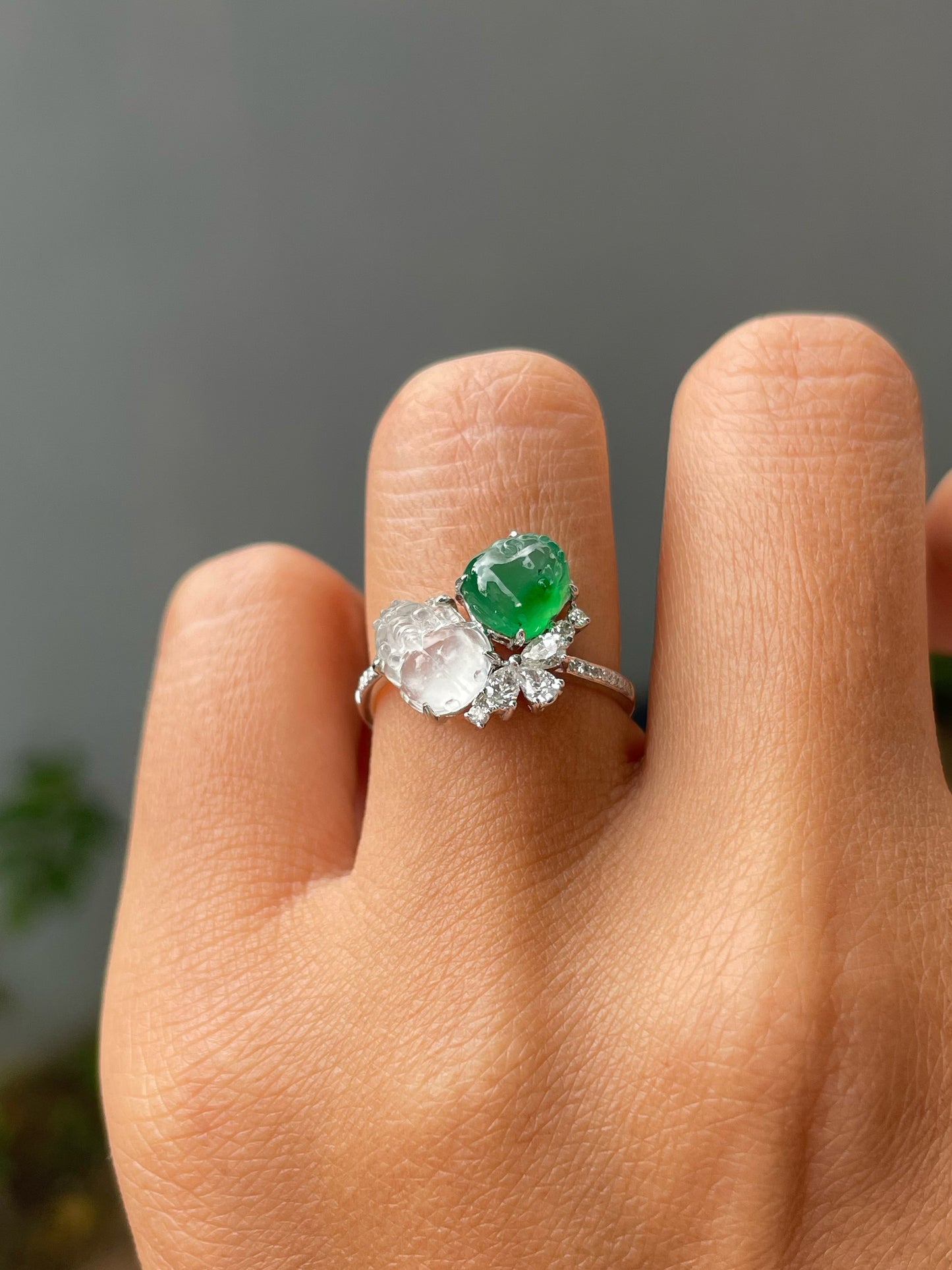 Green & Glassy Jade Ring - Pixiu & Golden Toad (NJR338)