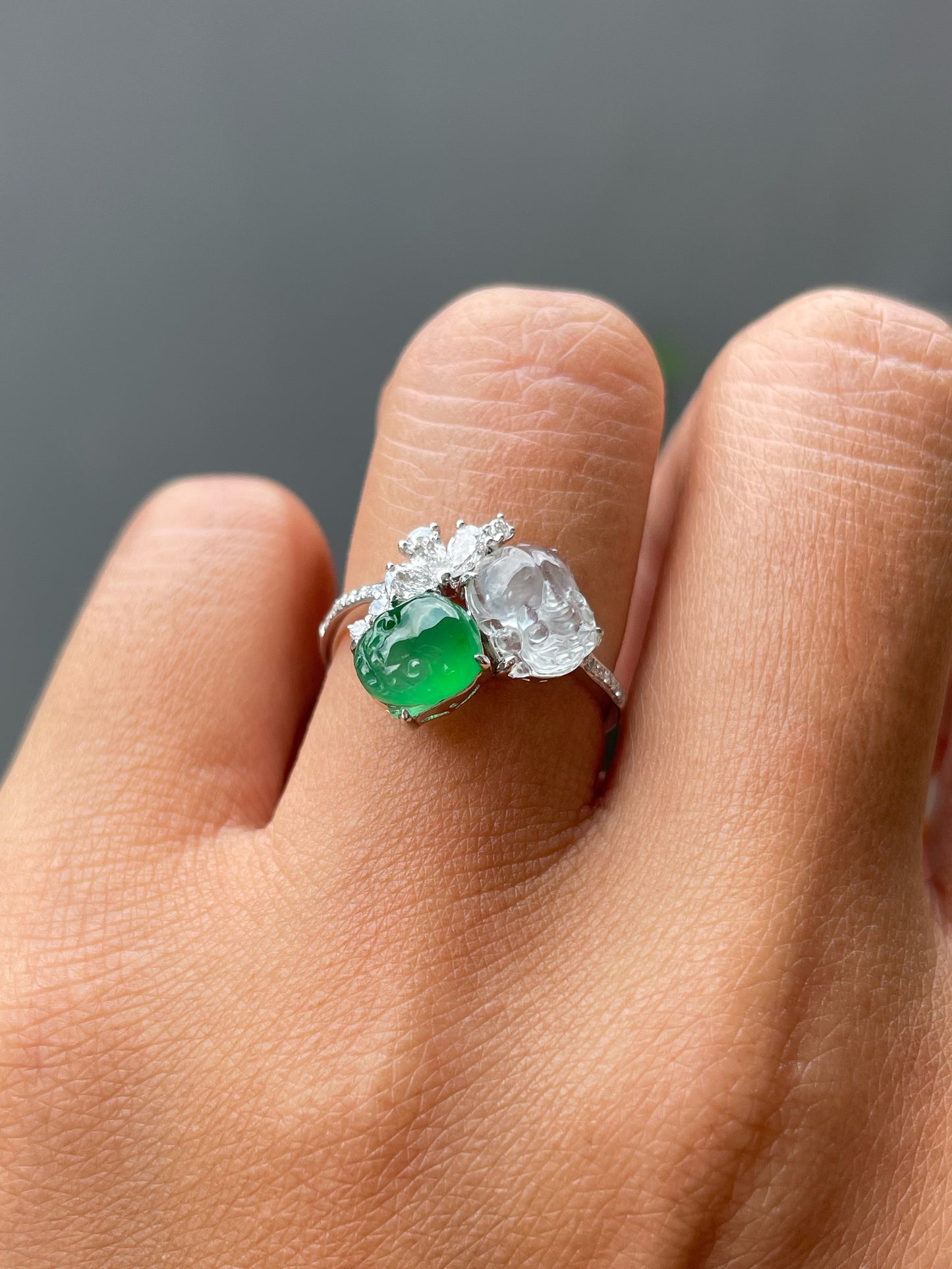 Green & Glassy Jade Ring - Pixiu & Golden Toad (NJR338)