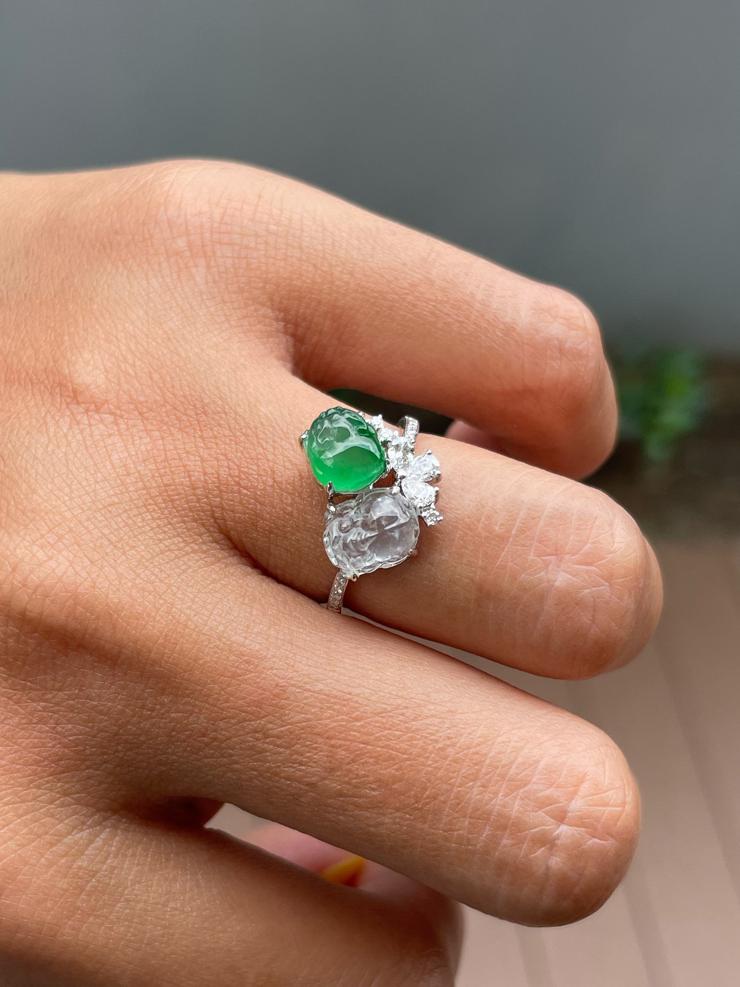 Green & Glassy Jade Ring - Pixiu & Golden Toad (NJR338)