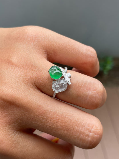 Green & Glassy Jade Ring - Pixiu & Golden Toad (NJR338)
