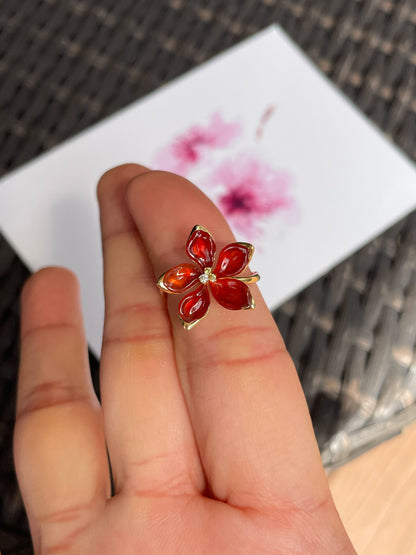Orangy Red Jade Ring - Flower (NJR366)
