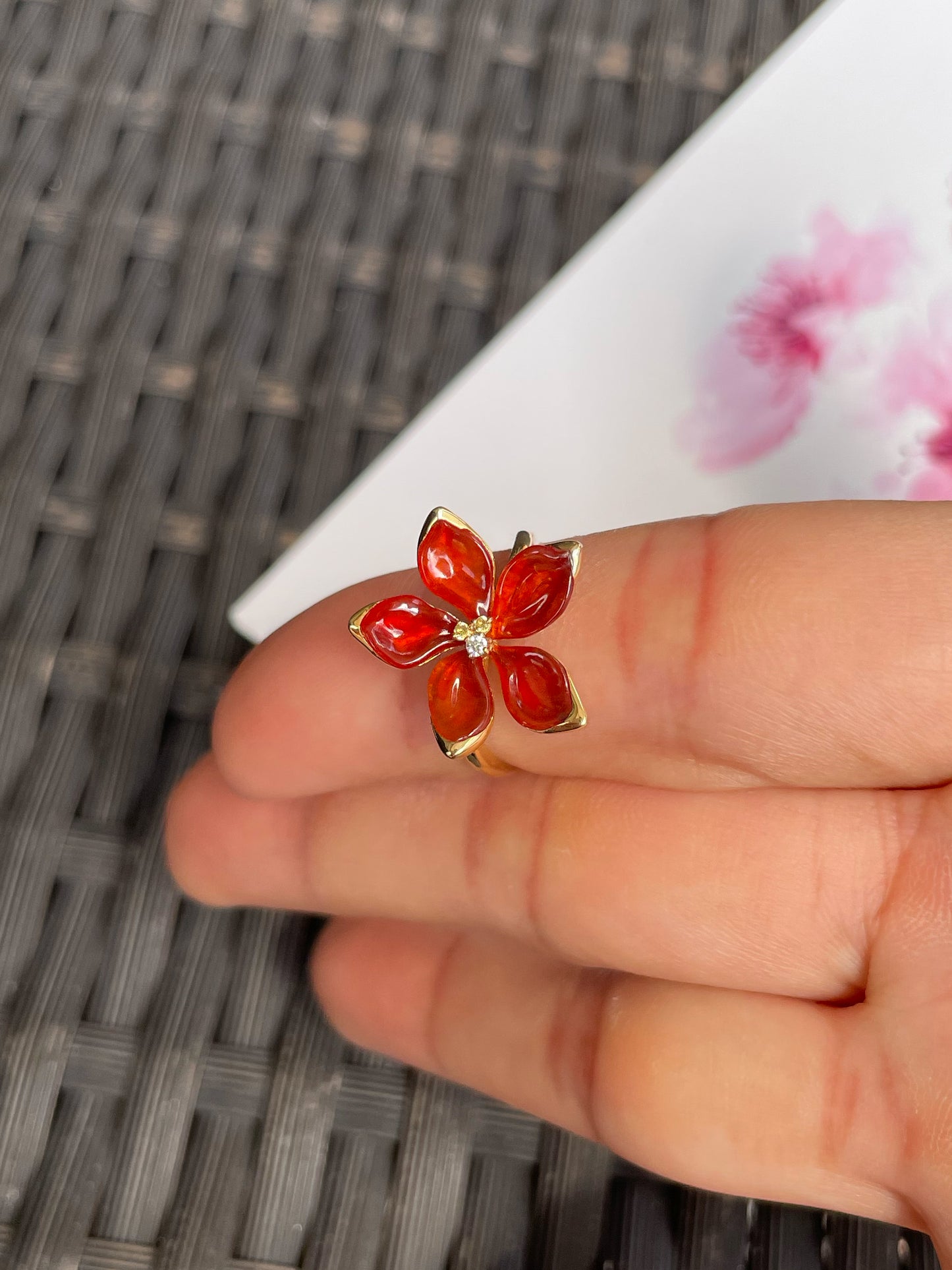 Orangy Red Jade Ring - Flower (NJR366)