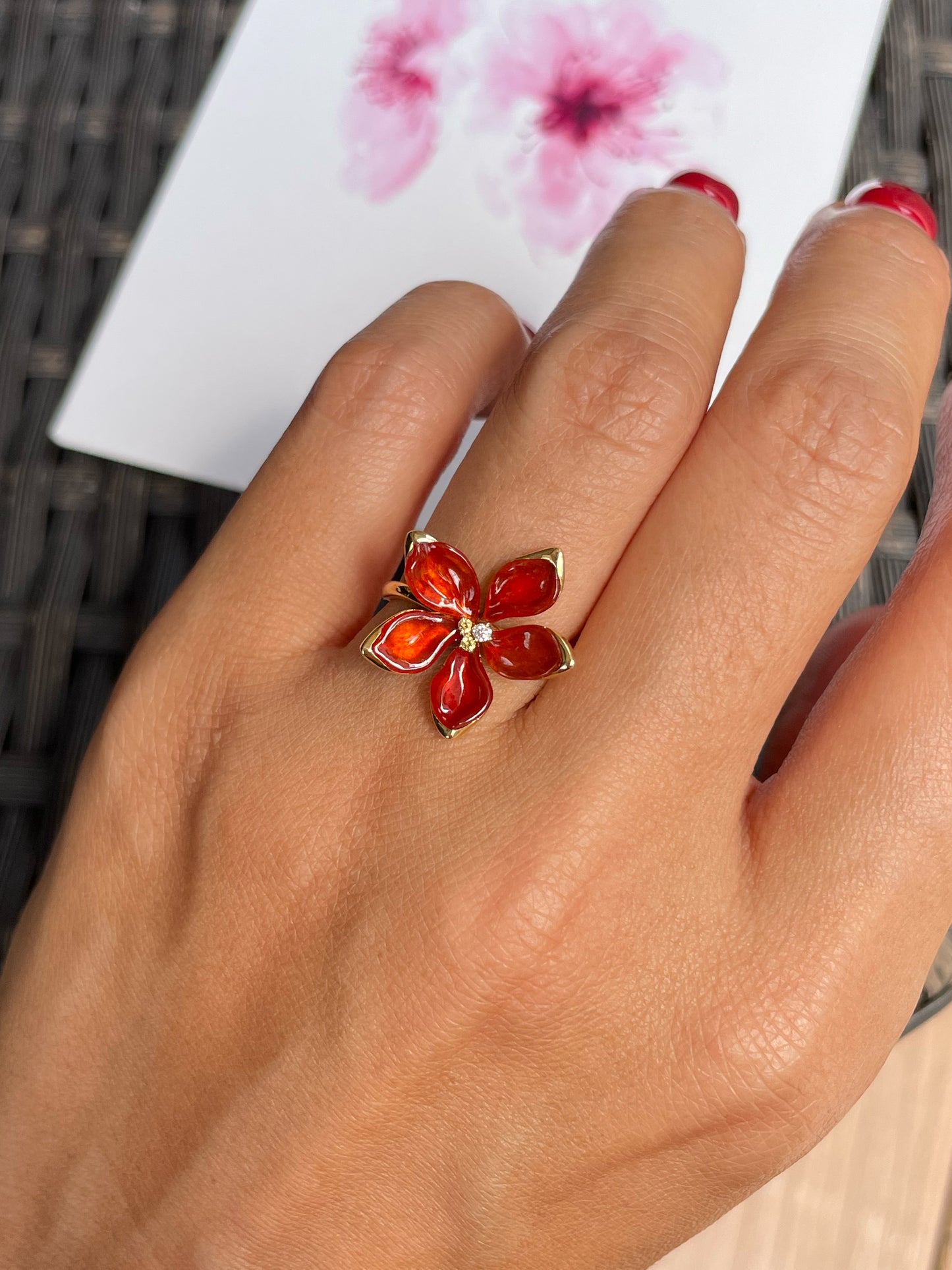 Orangy Red Jade Ring - Flower (NJR366)