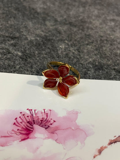 Orangy Red Jade Ring - Flower (NJR366)