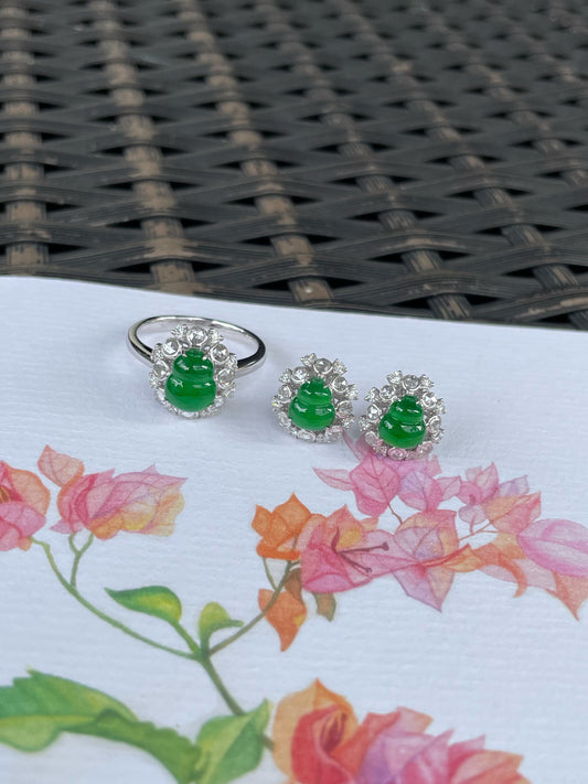 Green Jadeite Hu Lu Set - Ring & Earrings (NJS016)