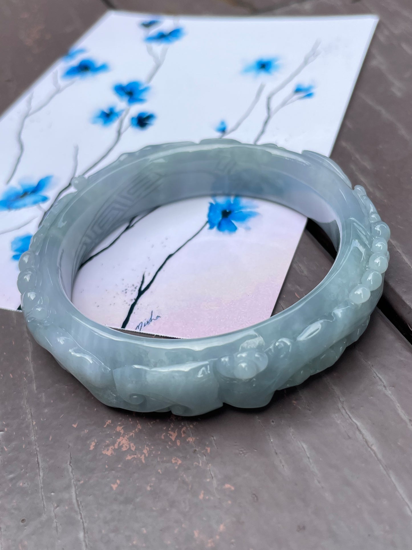 Bluish Lavender Carved Jade Bangle | 56mm (NJBA031)