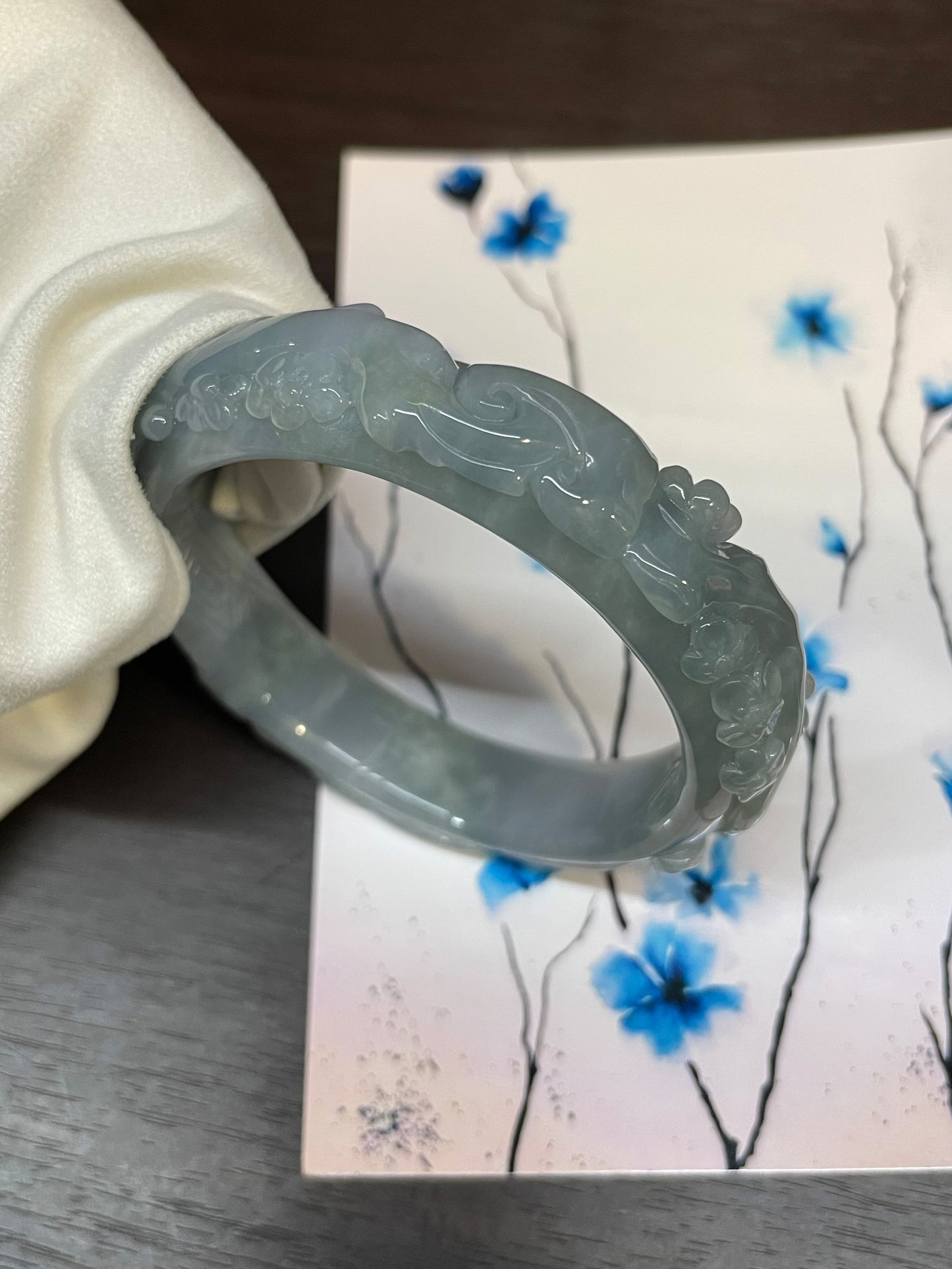 Bluish Lavender Carved Jade Bangle | 56mm (NJBA031)