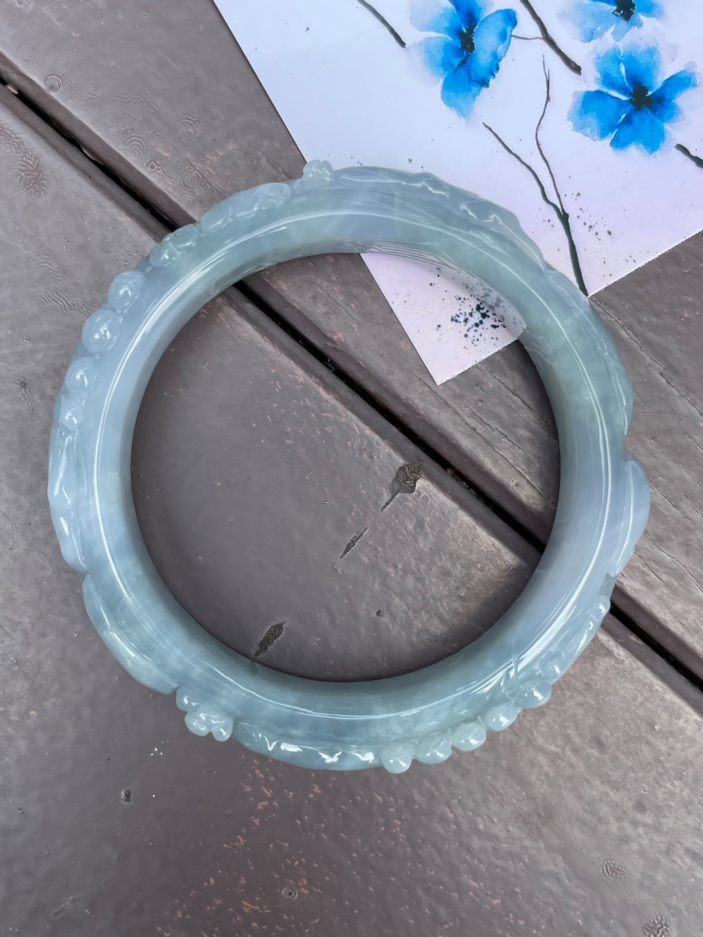 Bluish Lavender Carved Jade Bangle | 56mm (NJBA031)