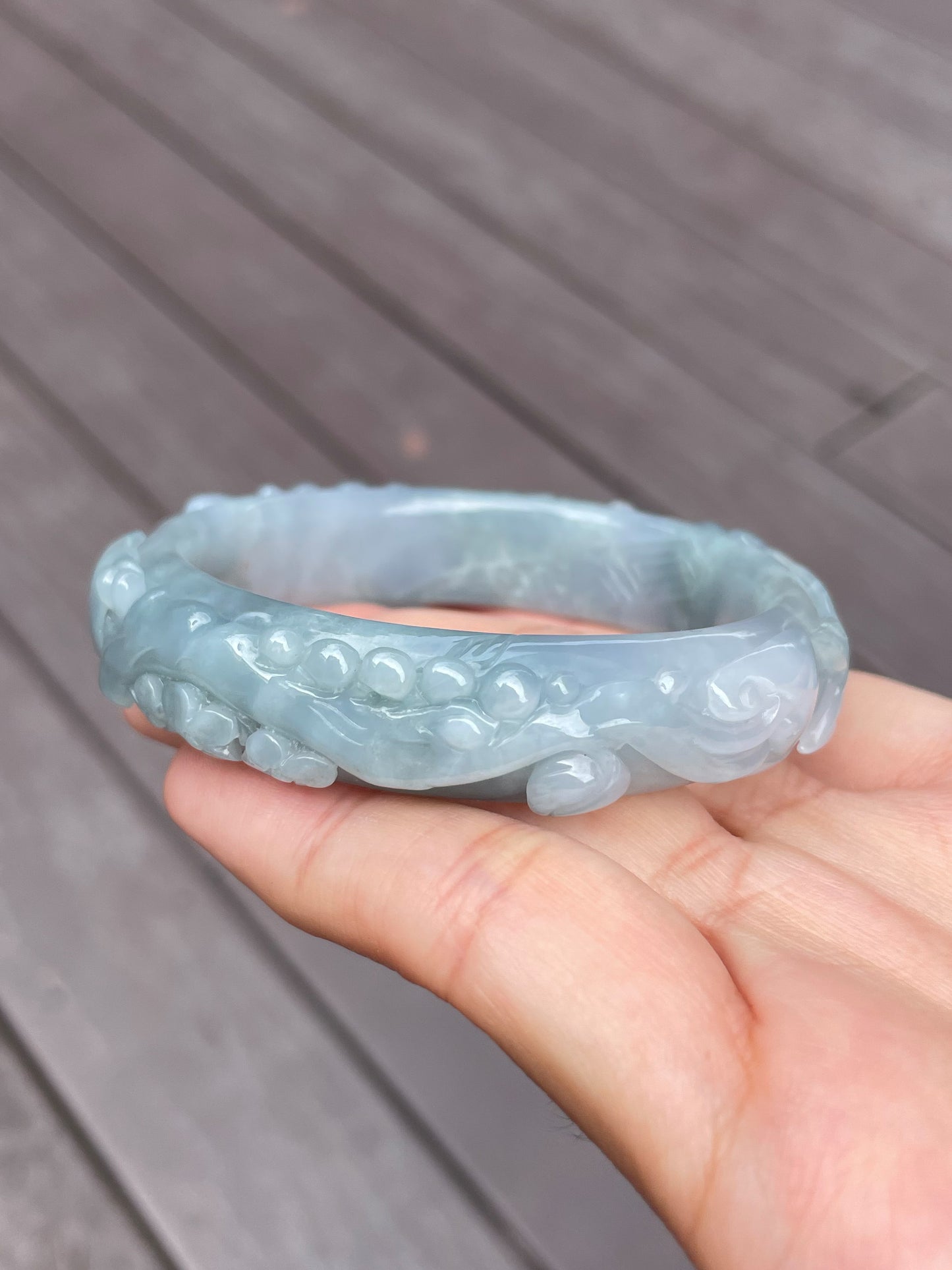 Bluish Lavender Carved Jade Bangle | 56mm (NJBA031)