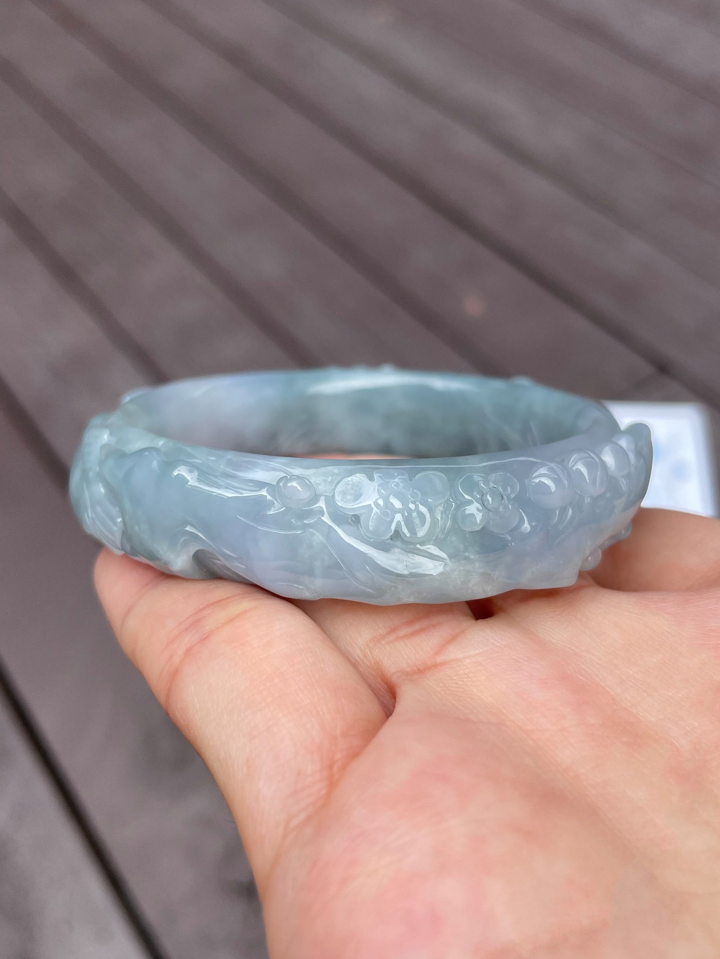 Bluish Lavender Carved Jade Bangle | 56mm (NJBA031)