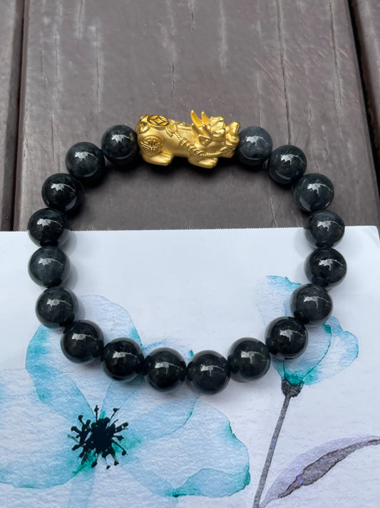 Black Jade Pixiu Bracelet - Round Beads (NJBA042)