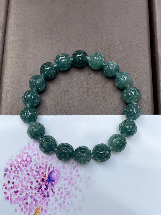 Bluish Green Jade Bracelet - Round Carved Beads (NJBA058)