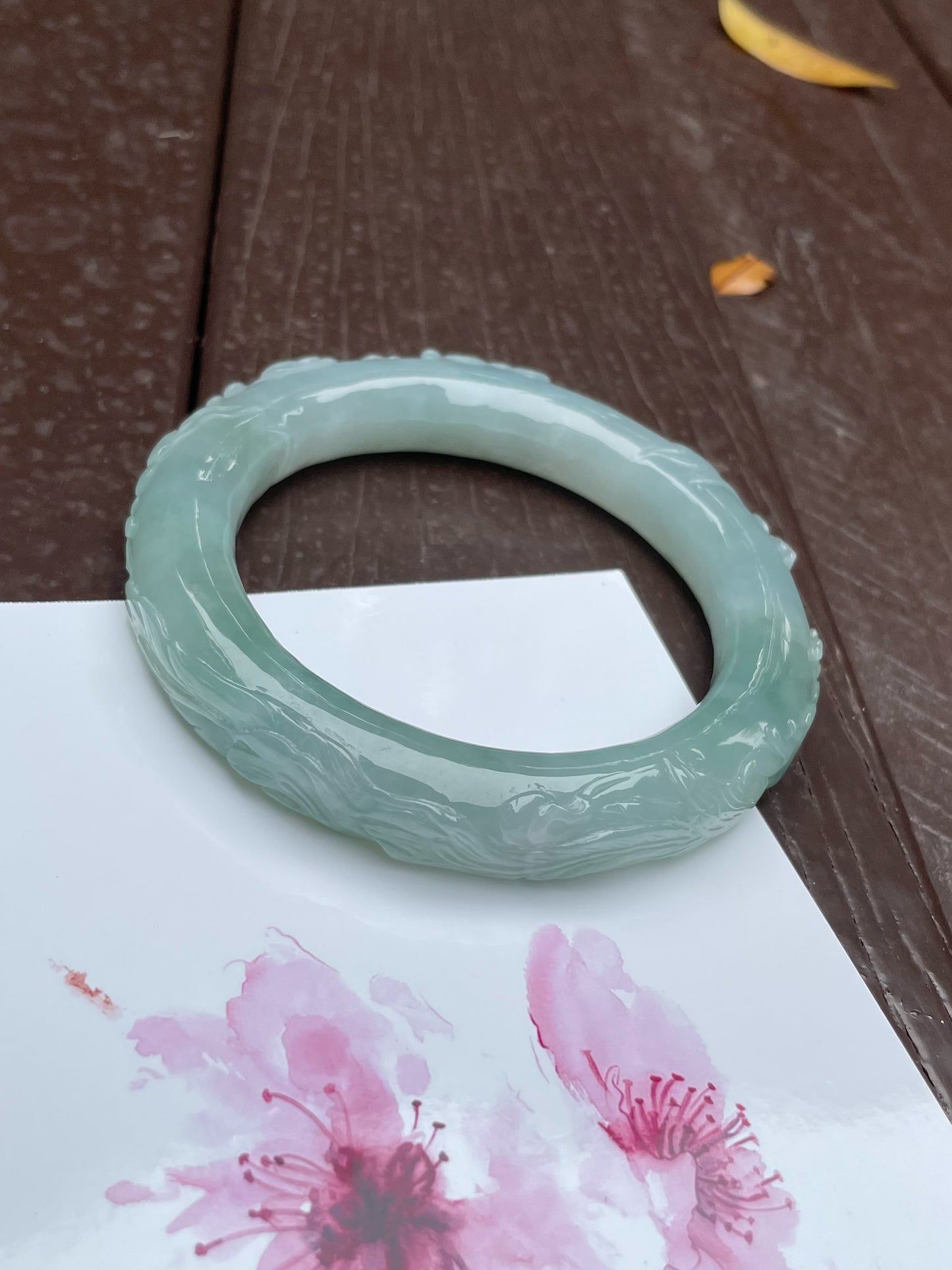 Light Green Carved Jade Bangle | 63mm (NJBA090)