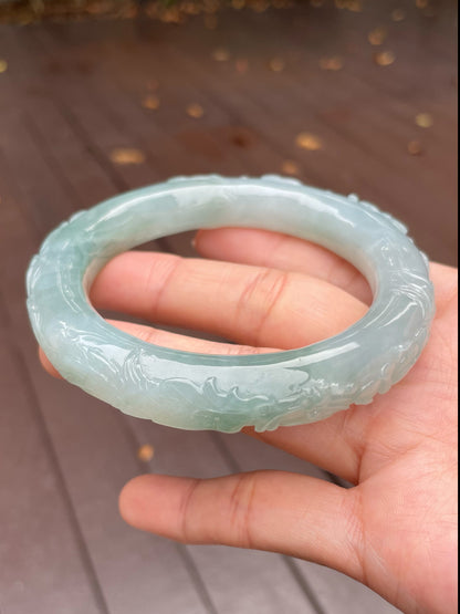 Light Green Carved Jade Bangle | 63mm (NJBA090)