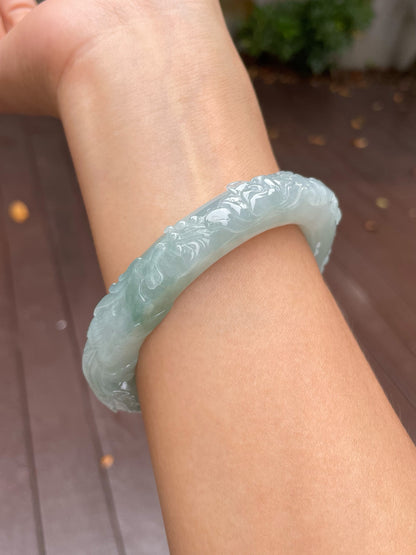 Light Green Carved Jade Bangle | 63mm (NJBA090)