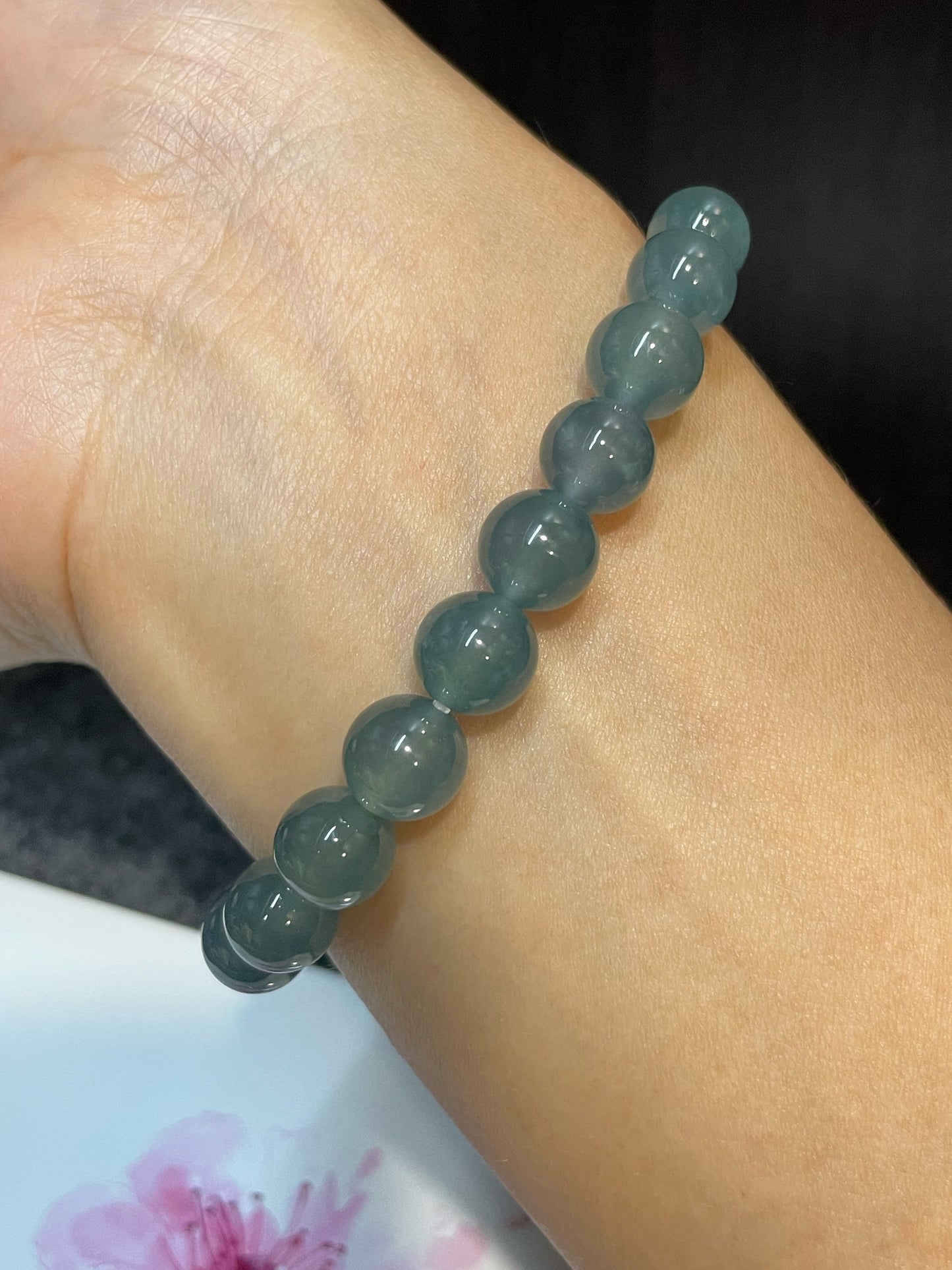 Greenish Blue Jade Bracelet - Round Beads (NJBA094)