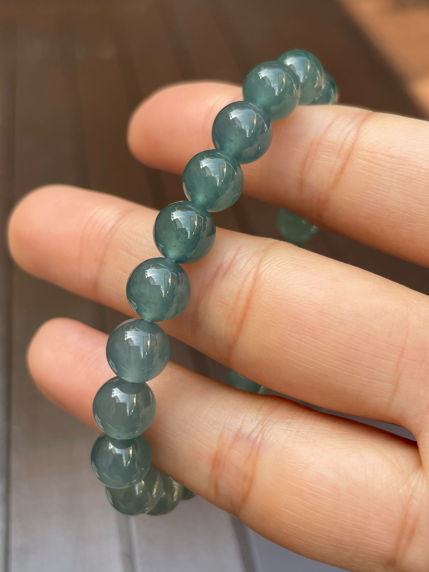 Greenish Blue Jade Bracelet - Round Beads (NJBA094)