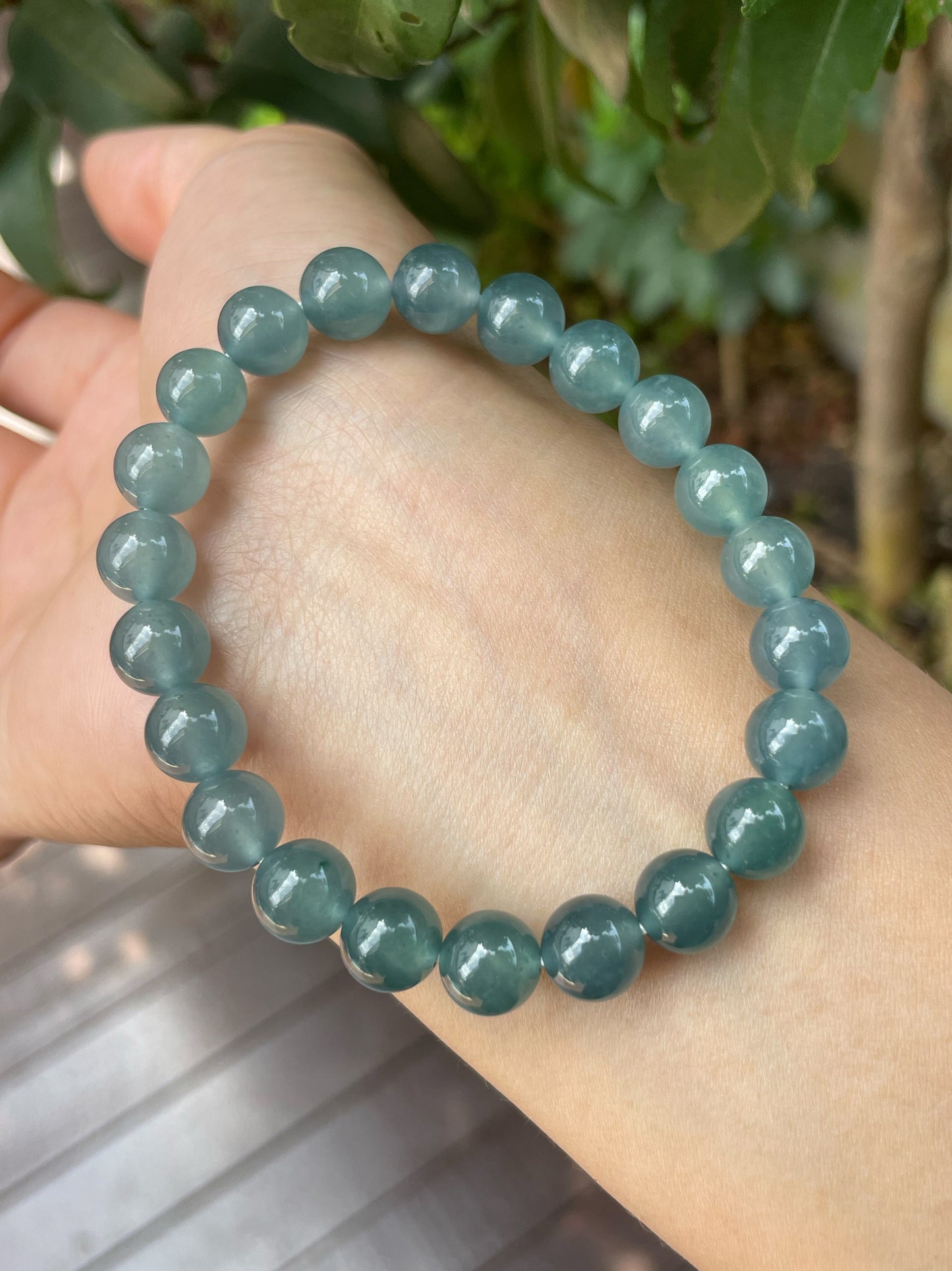 Greenish Blue Jade Bracelet - Round Beads (NJBA094)