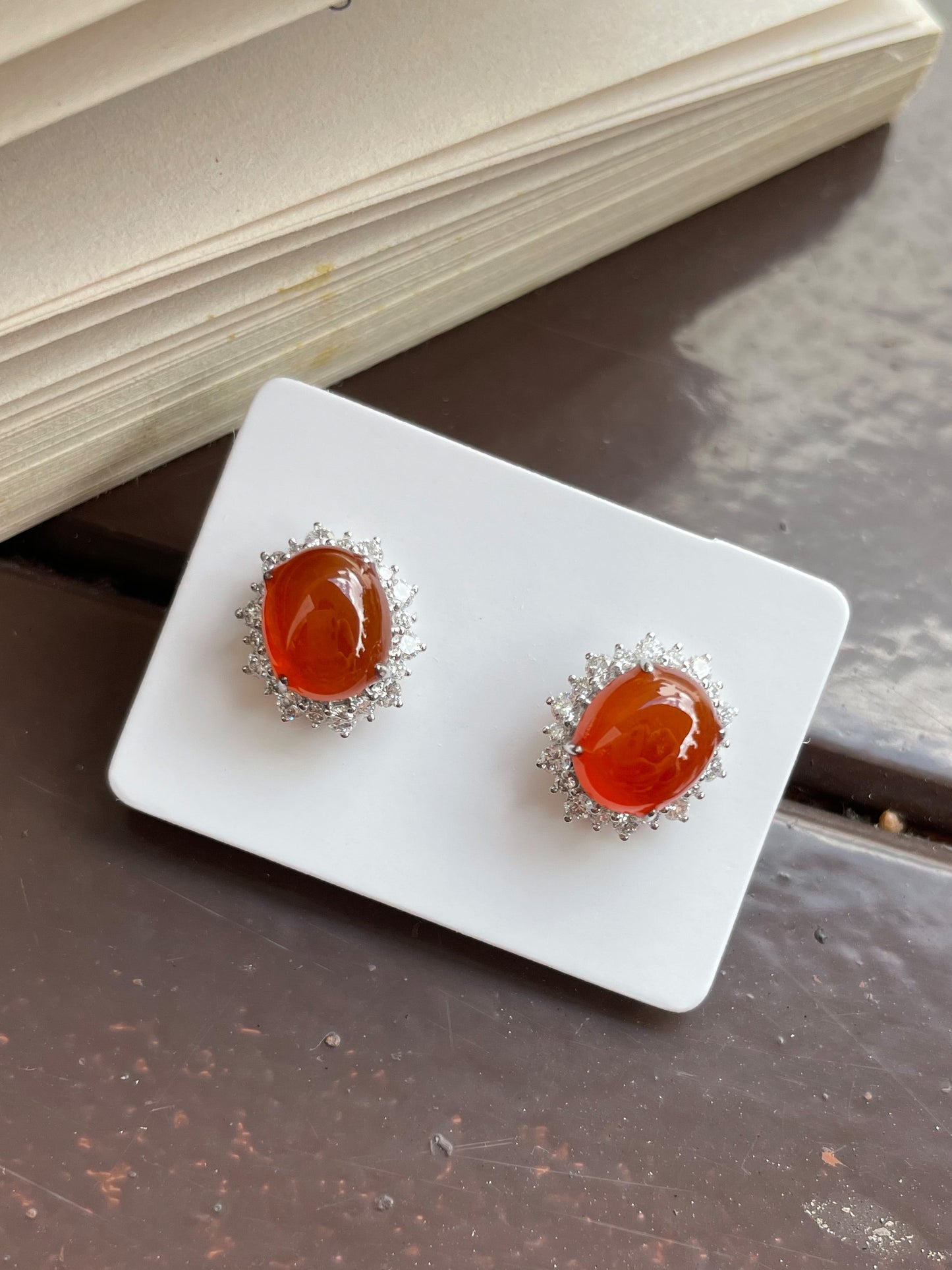 Orangey Red Jadeite Cabochon Earrings (NJE004)