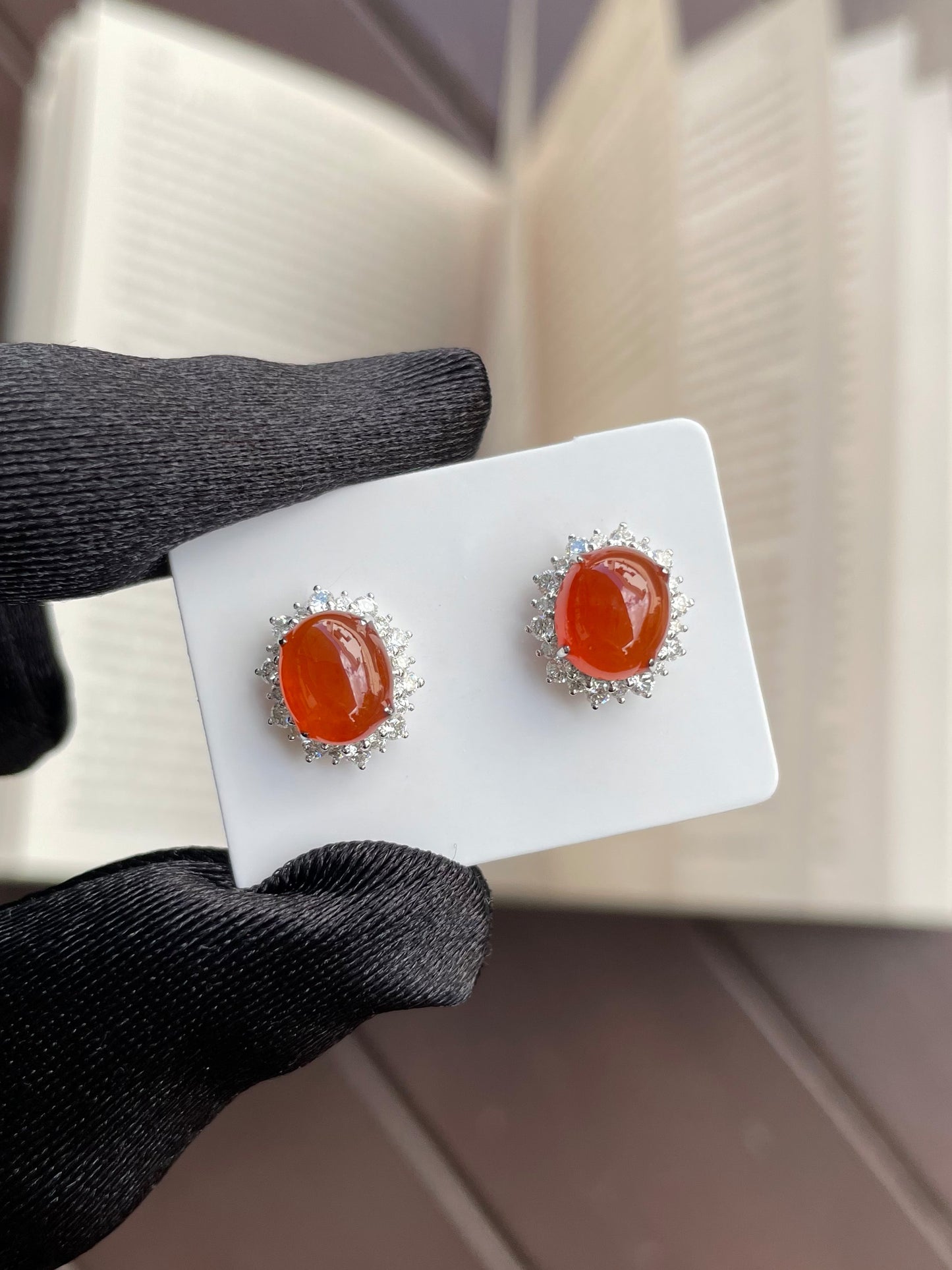 Orangey Red Jadeite Cabochon Earrings (NJE004)