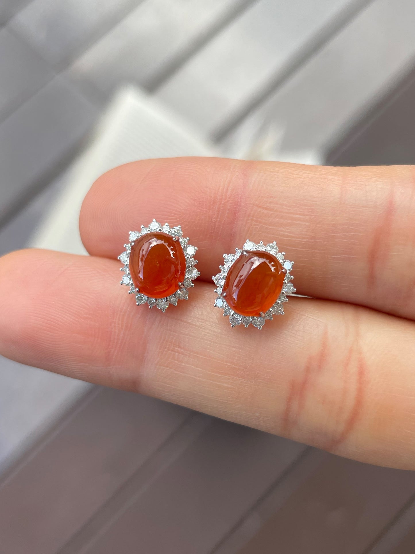 Orangey Red Jadeite Cabochon Earrings (NJE004)