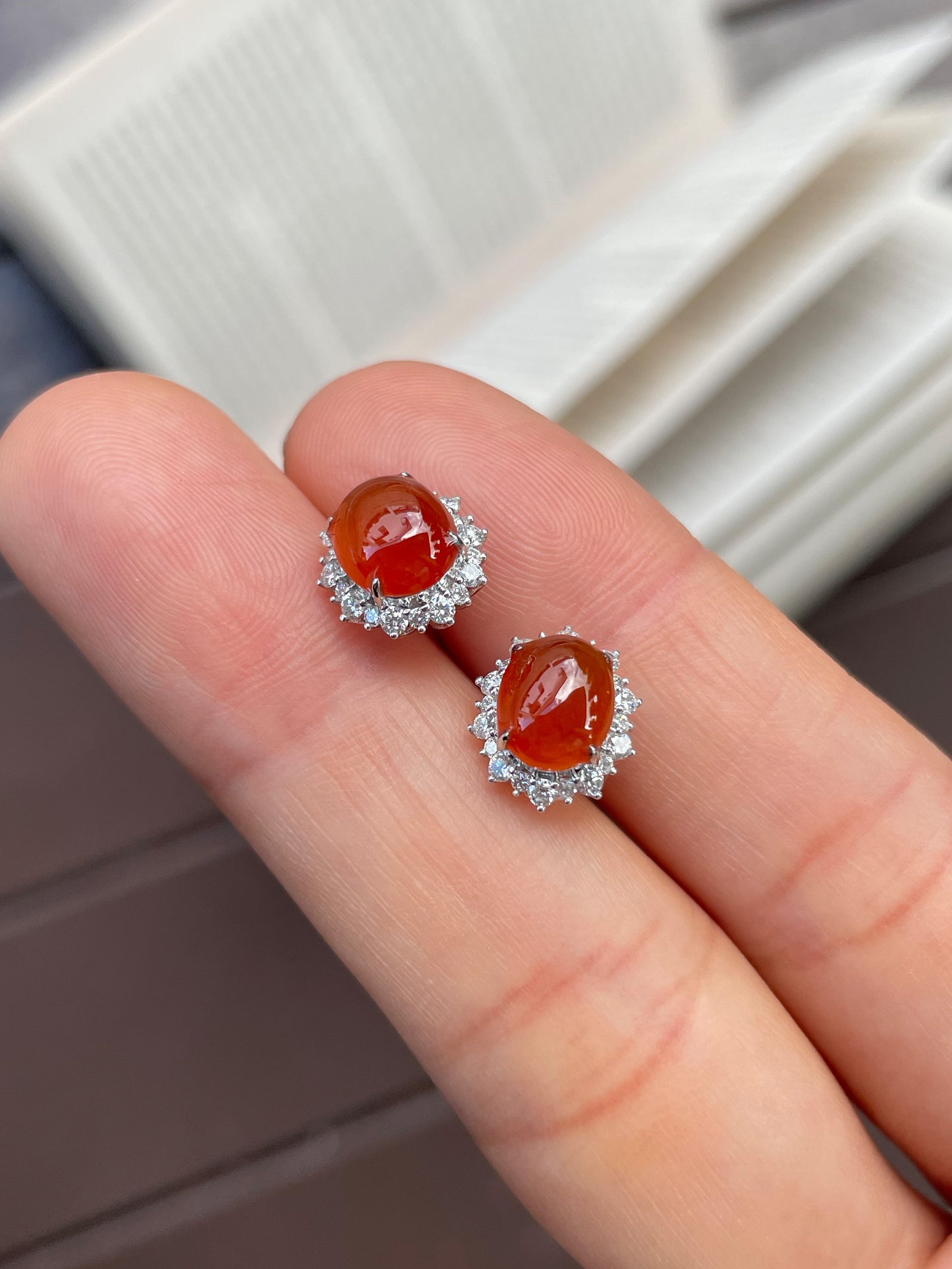 Orangey Red Jadeite Cabochon Earrings (NJE004)