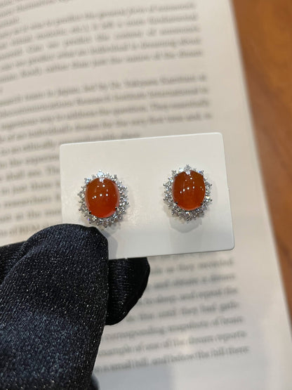 Orangey Red Jadeite Cabochon Earrings (NJE004)