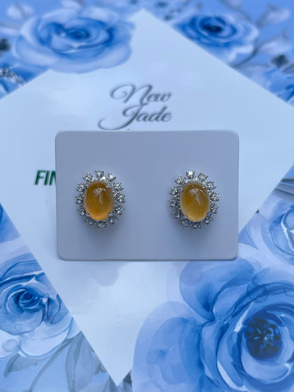 Yellow Jadeite Cabochon Earrings (NJE015)